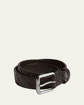 Bottega Veneta Men's Intrecciato Calf Leather Belt with Roller Buckle