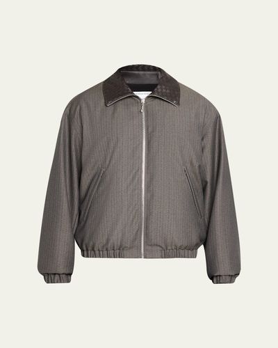 Bottega Veneta Men's Shadow Stripe Intrecciato Leather-Collar Jacket