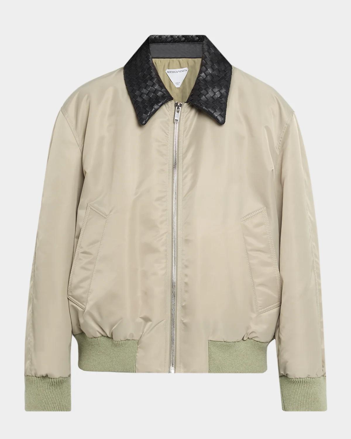Bottega Veneta Satin Nylon Bomber Jacket With Intrecciato Leather Collar