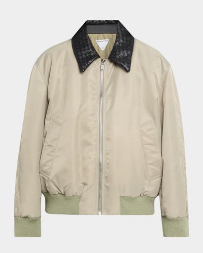Bottega Veneta Satin Nylon Bomber Jacket With Intrecciato Leather Collar