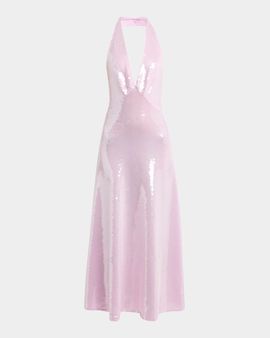 Bottega Veneta Shiny Sequined Plunging Halter Backless Midi Dress