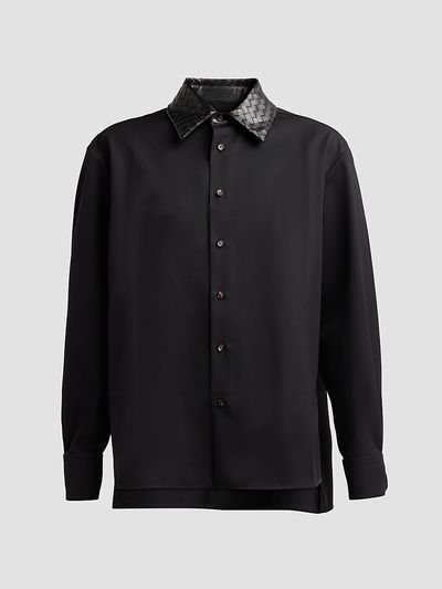 Bottega Veneta Women's Intrecciato Leather Collar Wool Shirt