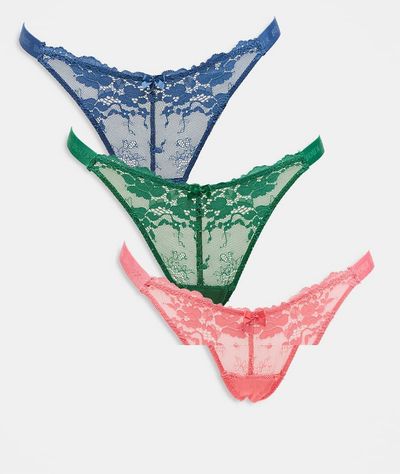 Boux Avenue Boux Avenue 3-pack high leg lace thongs in green, blue and coral-Multi