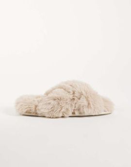 Boux Avenue Boux Avenue cross band fluffy slipper in beige-NEUTRAL