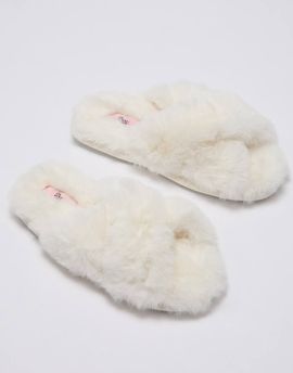 Boux Avenue Boux Avenue Cross band slider slippers open toe soft plush loungewear in ivory-Neutral