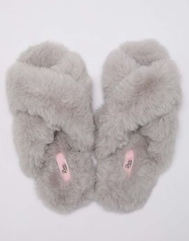 Boux Avenue Boux Avenue Cross band slipper slides with open toe soft plush loungewear in gray-Auburn