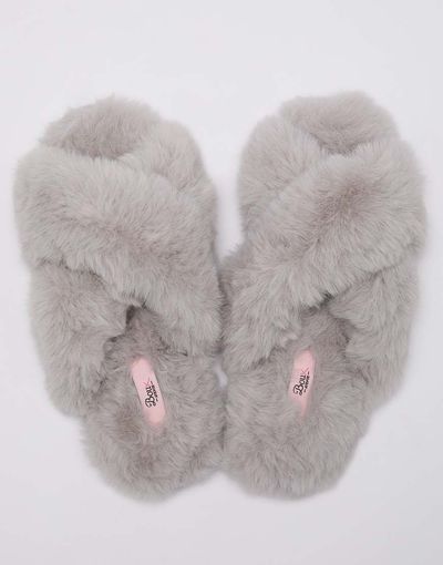 Boux Avenue Boux Avenue Cross band slipper slides with open toe soft plush loungewear in gray-Auburn