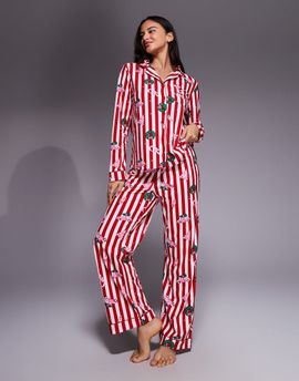Boux Avenue Boux Avenue fleece long sleeve top & pants PJ set in a bag in striped christmas print-Multi