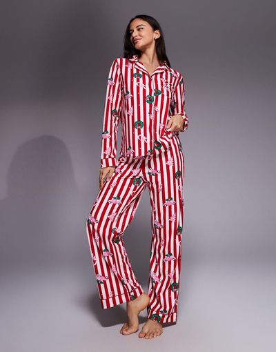 Boux Avenue Boux Avenue fleece long sleeve top & pants PJ set in a bag in striped christmas print-Multi