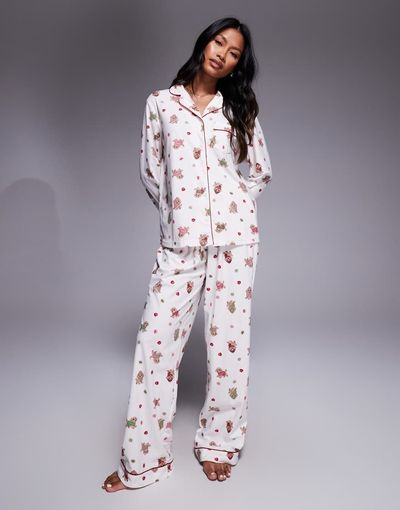 Boux Avenue Boux Avenue fleece long sleeve top & pants PJ set in puppy christmas print-Multi