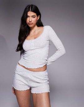 Boux Avenue Boux Avenue heart pointelle long sleeve top and shorts pajama set in heather gray