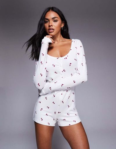 Boux Avenue Boux Avenue heart print super soft romper in ivory-White