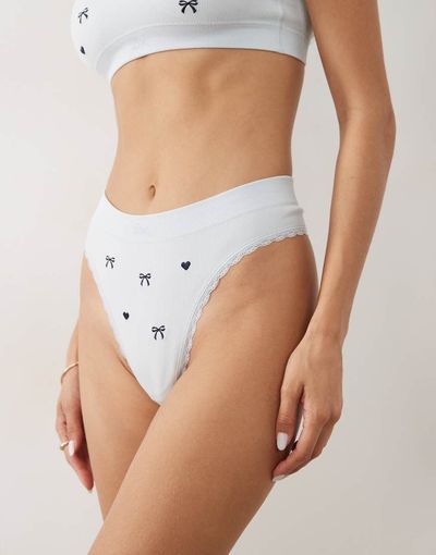 Boux Avenue Boux Avenue lace trim high leg embroidered bow thong in light blue
