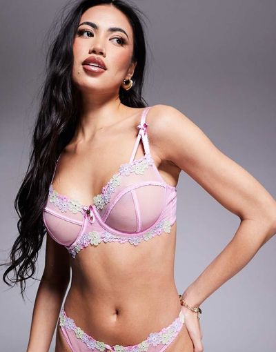 Boux Avenue Boux Avenue Layla embroidered flower ribbon soft plunge bra in pink-Multi