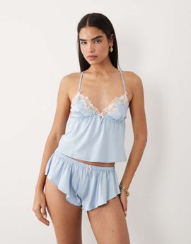 Boux Avenue Boux Avenue Nyra satin cami and shorts sleepwear set with floral lace-trim detailing in light blue