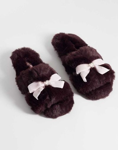 Boux Avenue Boux Avenue open toe rhinestone heart bow front plush slippers in berry-Red