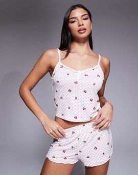 Boux Avenue Boux Avenue polka dot rose cami top and shorts pajama set in ivory-White