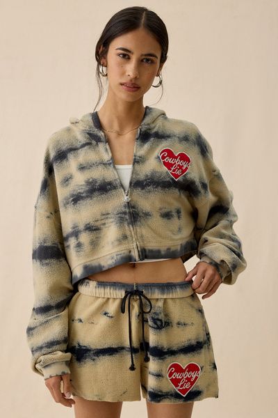 Boys Lie Boys Lie Cowboys Lie Tie-Dye Brushed Zip-Up Hoodie Sweatshirt in Tan, Women's at Urban Outfitters