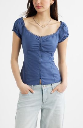 BP. BP. Lace Trim Stretch Cotton Button-Up Top