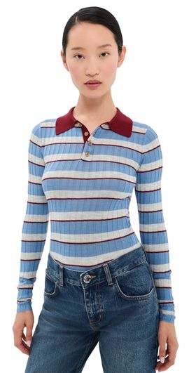 Brandon Maxwell Brandon Maxwell The Joni Silk Cashmere Blend Knit Polo Top Blue Stripe