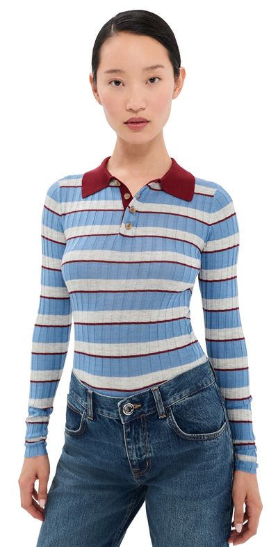 Brandon Maxwell Brandon Maxwell The Joni Silk Cashmere Blend Knit Polo Top Blue Stripe