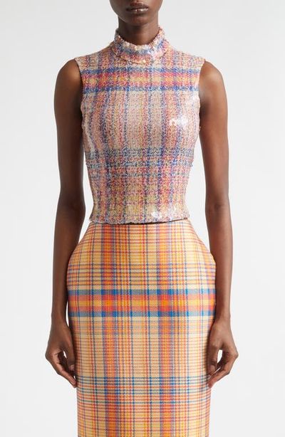 Brandon Maxwell The Piper Paillette Plaid Mock Neck Top