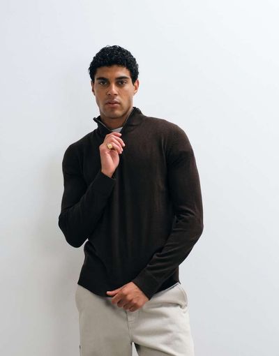 Brave Soul Brave Soul 1/4 zip knit sweater in brown