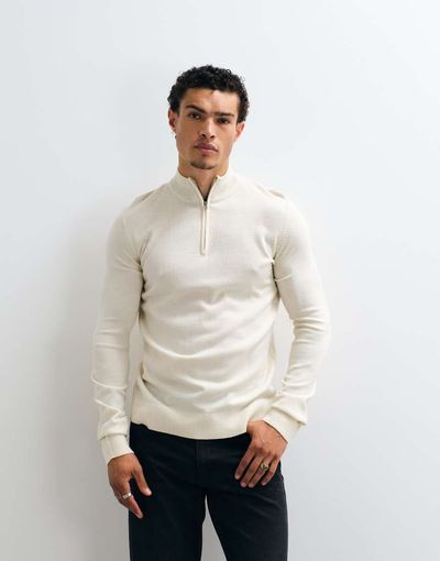 Brave Soul Brave Soul 1/4 zip knit sweater in stone-Neutral