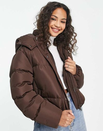 Brave Soul Brave Soul bunny hooded puffer jacket in chocolate brown