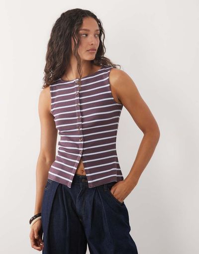 Brave Soul Brave Soul button down tank top in burgundy and blue stripes-Red