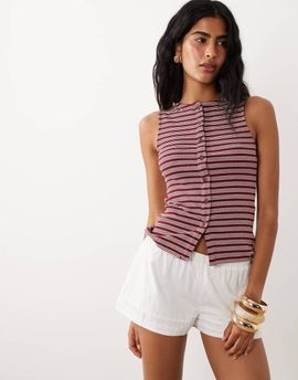 Brave Soul Brave Soul button down tank top in burgundy and cream stripe-Red