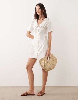 Brave Soul Brave Soul button front mini tea dress in off white with oversized collar and embroidery detail