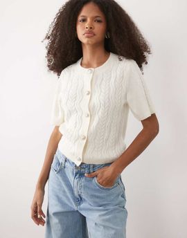 Brave Soul Brave Soul cable knit short sleeve cardigan with gold-tone faux shell buttons in ecru-White