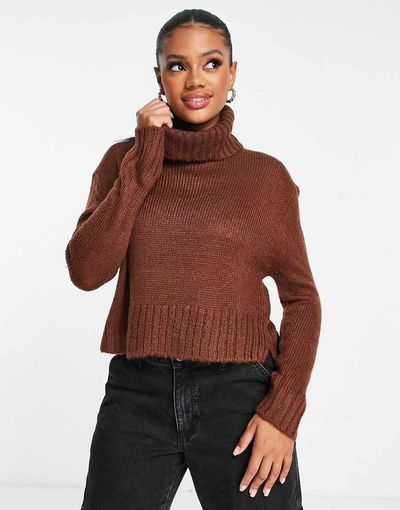 Brave Soul Brave Soul cattio boxy cropped turtle neck sweater in brown