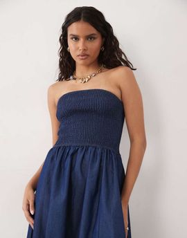 Brave Soul Brave Soul chambray strapless midi dress with shirred bodice in indigo-Navy