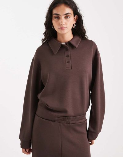 Brave Soul Brave Soul collared sweatshirt in chocolate brown scuba-style fabric - part of a set