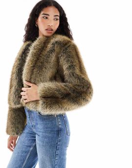 Brave Soul Brave Soul collarless short faux fur jacket in brown