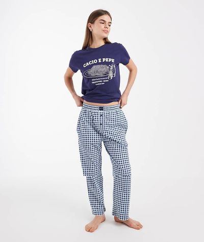 Brave Soul Brave Soul cotton cacio e pepe graphic print t-shirt and gingham pants pajama set in navy