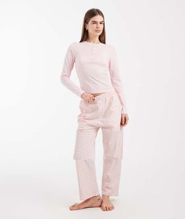 Brave Soul Brave Soul cotton long sleeve henley t-shirt and gingham pants pajama set in pink