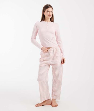Brave Soul Brave Soul cotton long sleeve henley t-shirt and gingham pants pajama set in pink