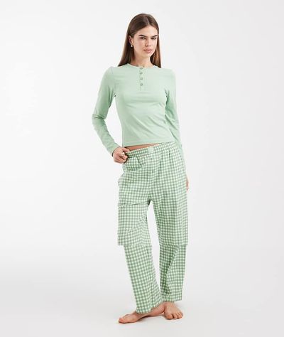Brave Soul Brave Soul cotton long sleeve henley t-shirt and gingham pants pajama set in sage green
