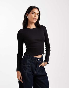 Brave Soul Brave Soul cotton long sleeve t-shirt with lettuce hem in black