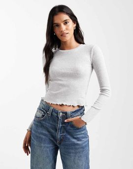 Brave Soul Brave Soul cotton long sleeve T-shirt with lettuce hem in gray