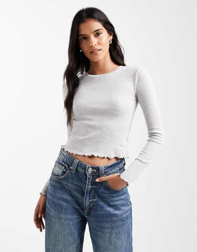 Brave Soul Brave Soul cotton long sleeve T-shirt with lettuce hem in gray