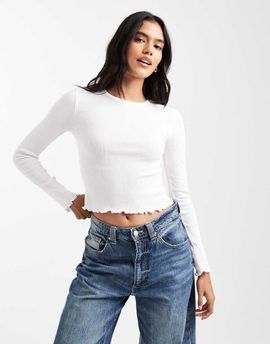 Brave Soul Brave Soul cotton long sleeve T-shirt with lettuce hem in white