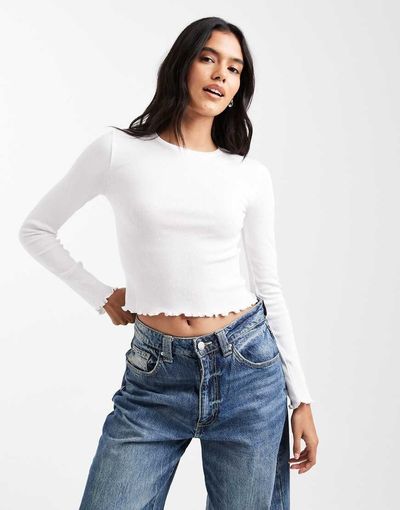 Brave Soul Brave Soul cotton long sleeve T-shirt with lettuce hem in white