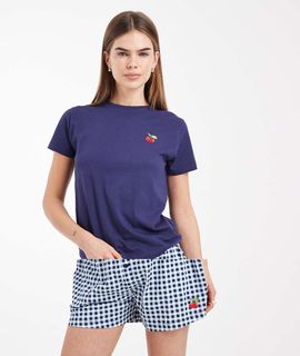 Brave Soul Brave Soul cotton t-shirt and gingham shorts pajama set with cherry embroidery in navy