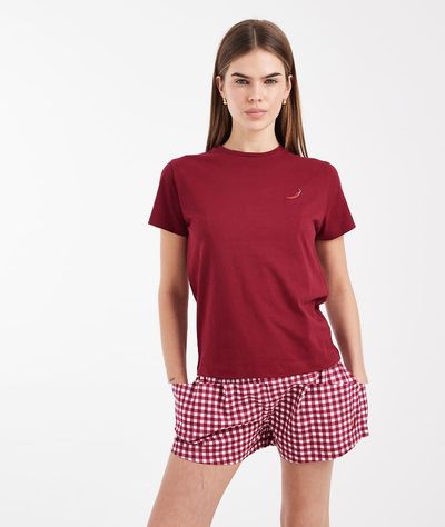 Brave Soul Brave Soul cotton t-shirt and gingham shorts pajama set with chili-pepper embroidery in red