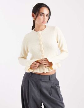 Brave Soul Brave Soul crew neck knit cardigan with ruffle cuffs and hem in butter yellow