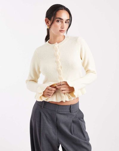 Brave Soul Brave Soul crew neck knit cardigan with ruffle cuffs and hem in butter yellow